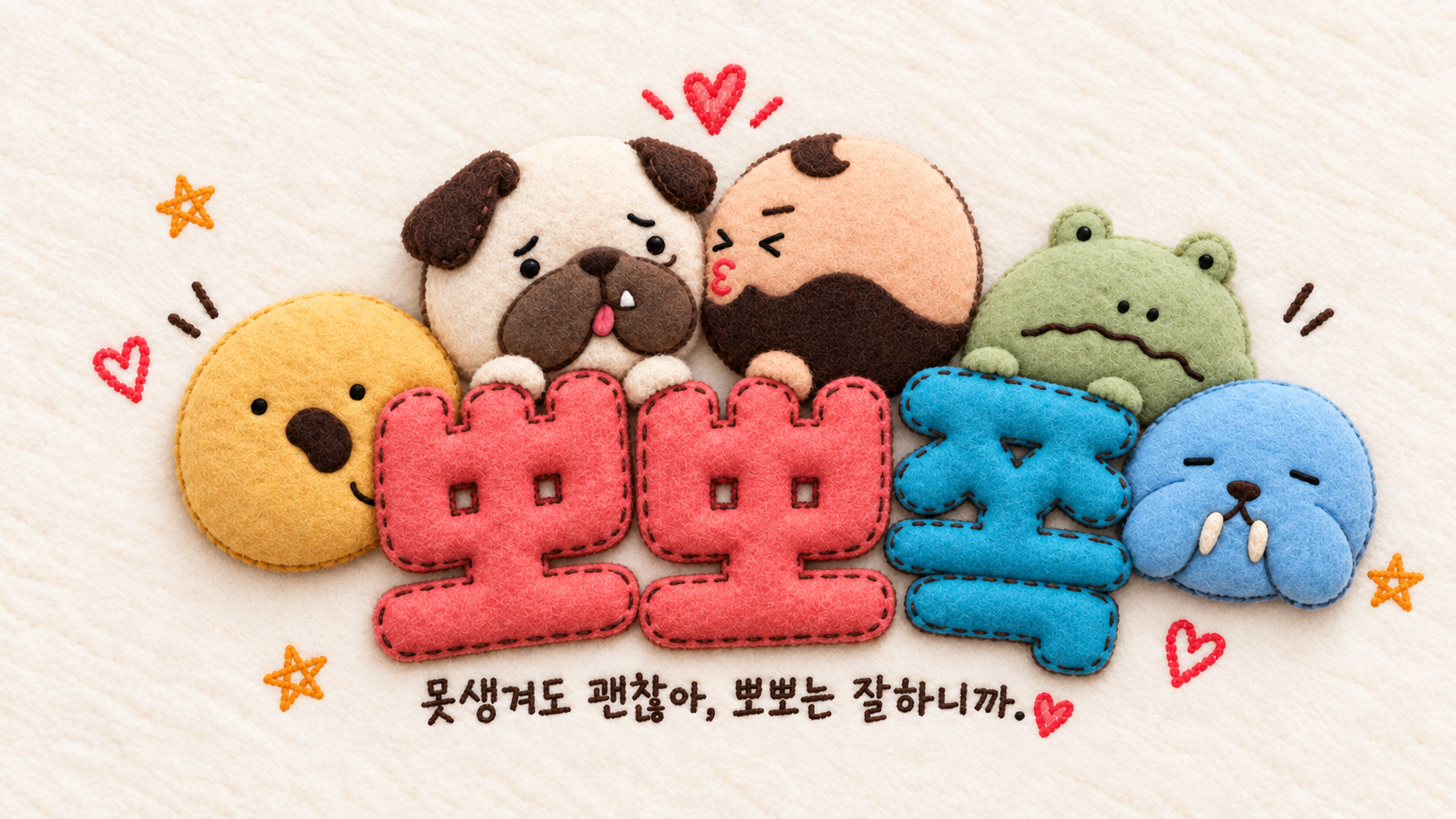 뽀뽀쪽. 멍콩, 쭈굴퍼그, 수염멍, 대왕개굴과 졸린 바다코끼리의 익살스러운 뽀뽀 로고. 못생겨도 괜찮아, 뽀뽀는 잘하니까.
